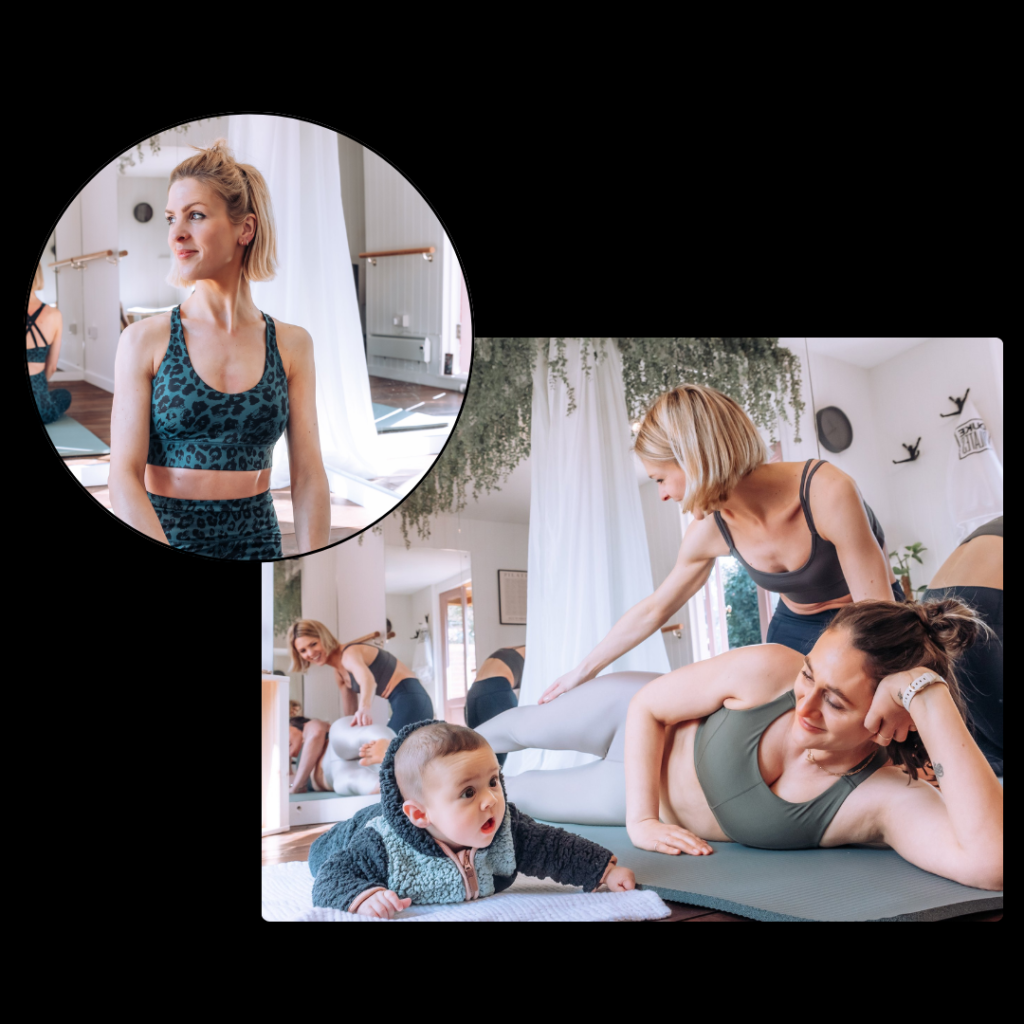 A personal branding session for a Pilates instructor in her home studio, working with a mum, whilst her baby plays on the floor.