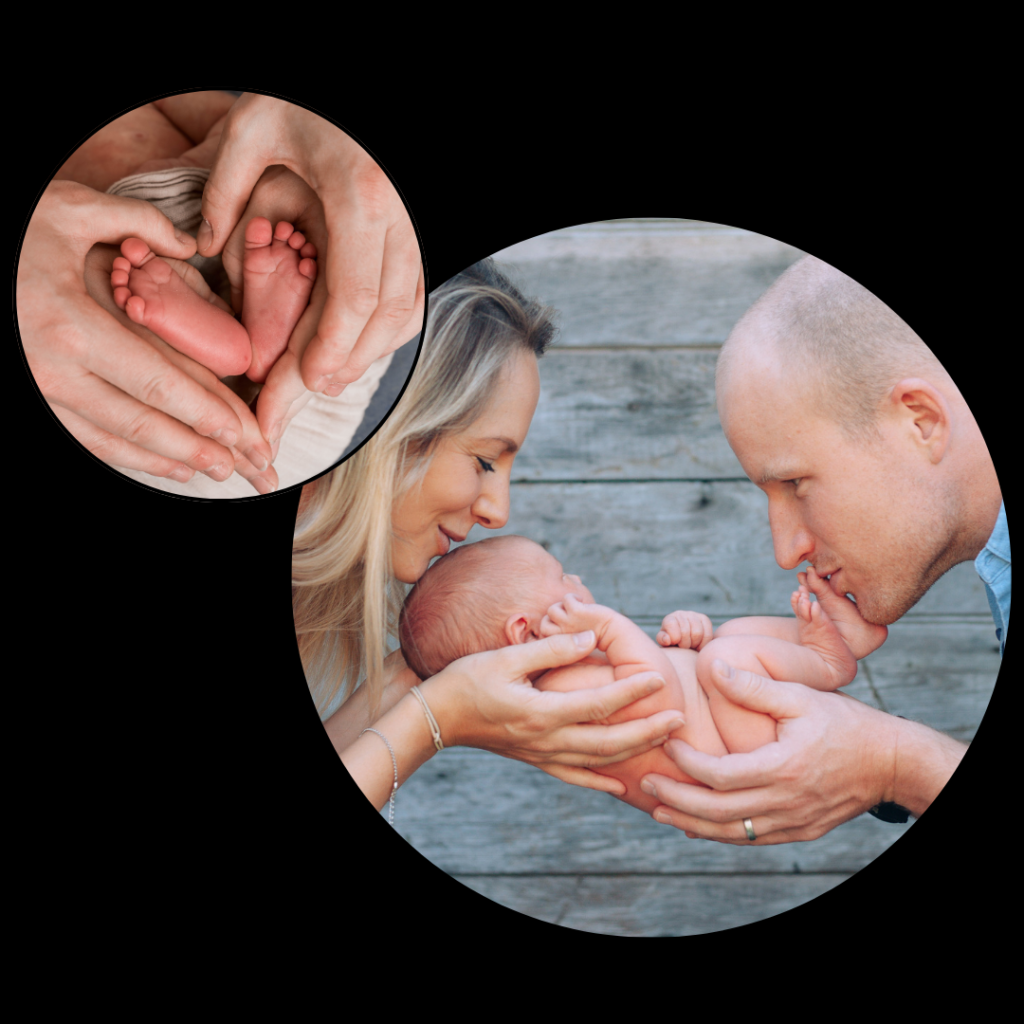 Two circular images from newborn photography including a close up of tiny feet, with parents hands and an image of a mum and dad kissing a babies head and feet.