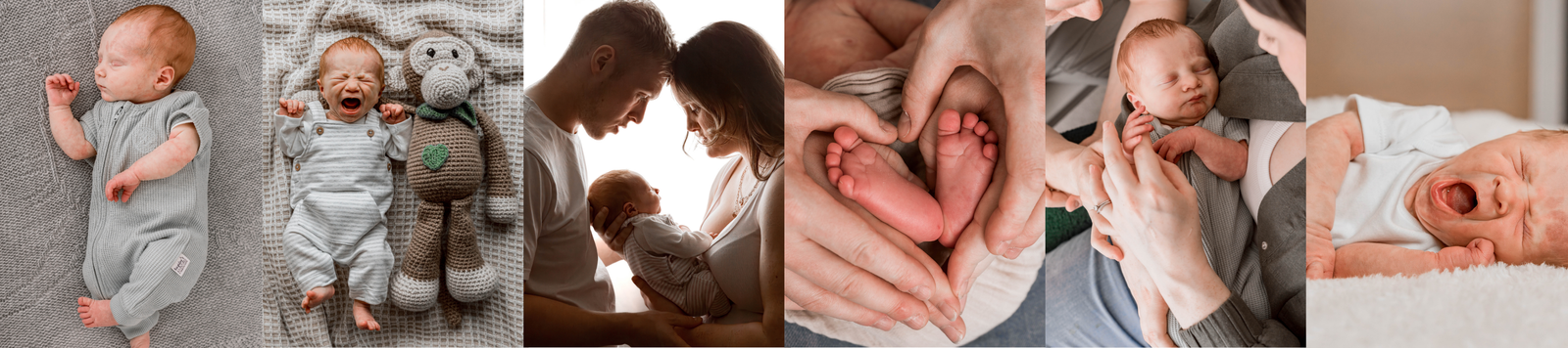 A gallery of six images from a newborn photography session at home in West Sussex.